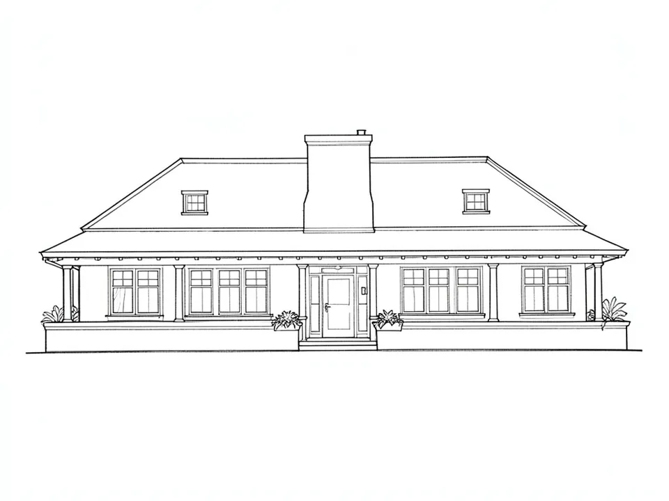 A pencil line sketch of a long low single-storey house with a hipped roof, two small dormers, a wide central chimney, porch columns, bands of windows and a low terrace wall with planters