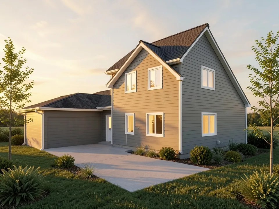 Photorealistic golden-hour photo of the same house with lap siding that reads grey in shade and tan in the sun, white trim, a dark shingle roof, all windows lit, a panel garage door, a lawn with shrubs and two young trees, fields and trees behind and a golden sky