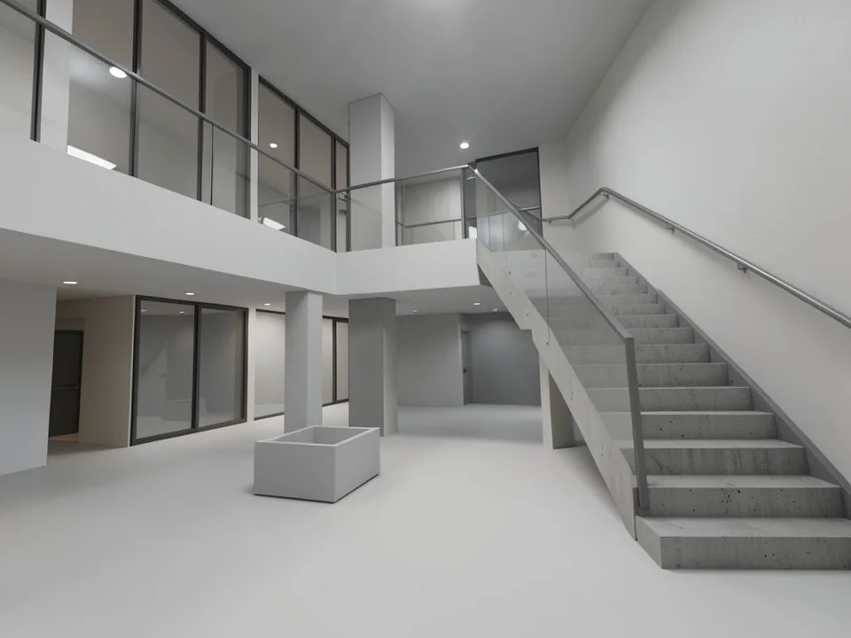 Flat grey and white real-time style render of a double-height office atrium with an upper gallery behind a glass balustrade, a straight concrete stair with a steel handrail, square columns, one empty white planter, glazed partitions on the left, a dark grey back wall and no people