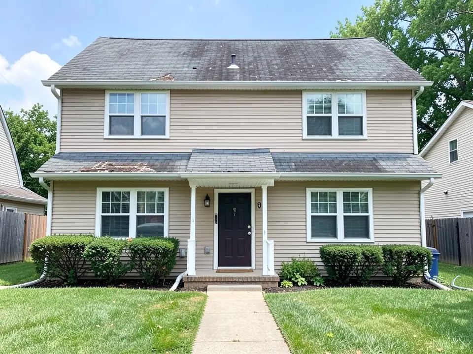 Front of a two-storey house with beige siding, white-framed windows, a dark front door with a small gabled hood, a worn grey shingle roof with pale damaged patches on the lower roof, shrubs along the wall, a lawn and a concrete path
