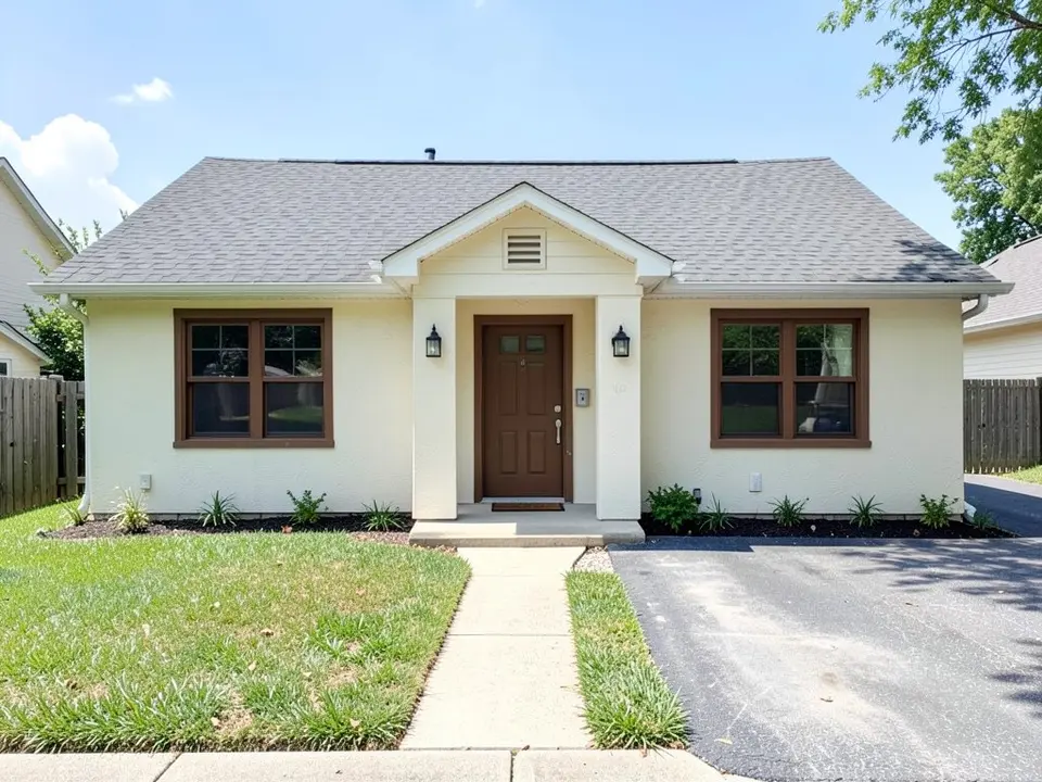 Front of a single-storey house with cream stucco walls, two brown-framed windows, a brown front door under a gabled entrance, wall lanterns, a dull grey shingle roof, a lawn and a dark driveway