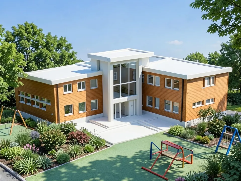 A photo-like render of the same school with warm timber on the wings, a white entrance hall with clear glass, rows of classroom windows, planted beds, a green soft play surface, trees and a blue sky