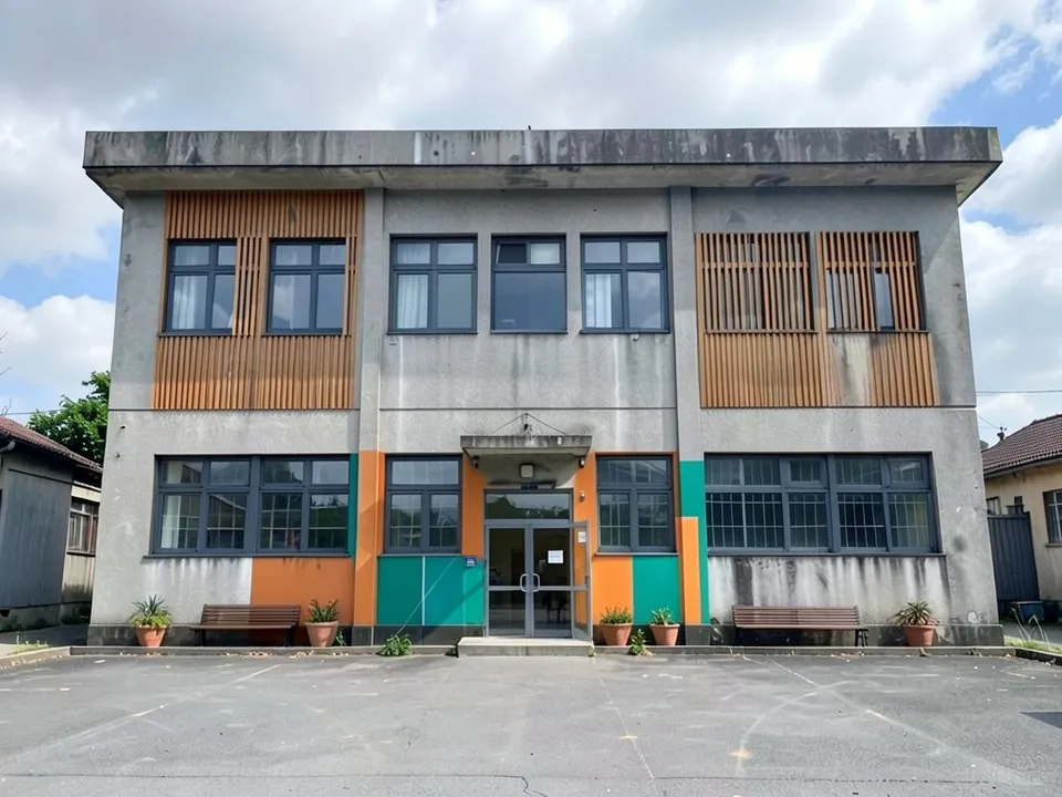 The same school with dark grey framed windows, larger on the ground floor, two vertical timber louvre panels upstairs, teal and orange panels around the entrance, a glass door, benches and planters