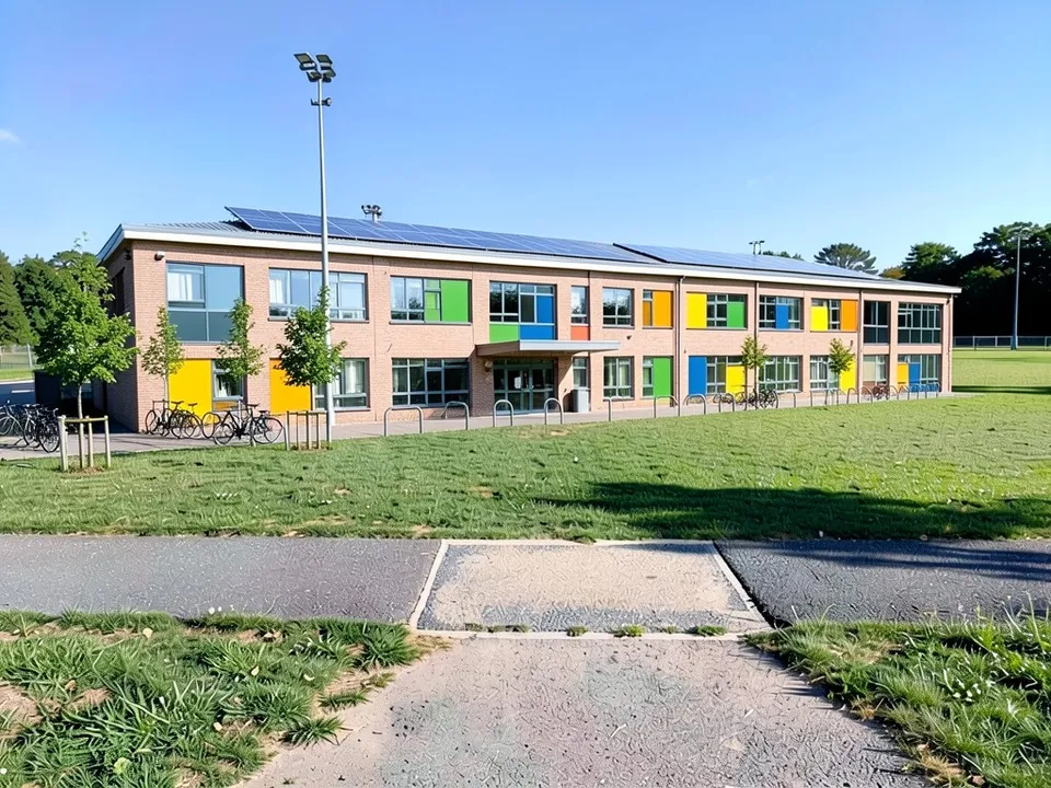 The same site with a long two-storey flat-roofed school in light red brick, rows of large windows, coloured panels, an entrance canopy, solar panels on the roof, bike racks and young trees