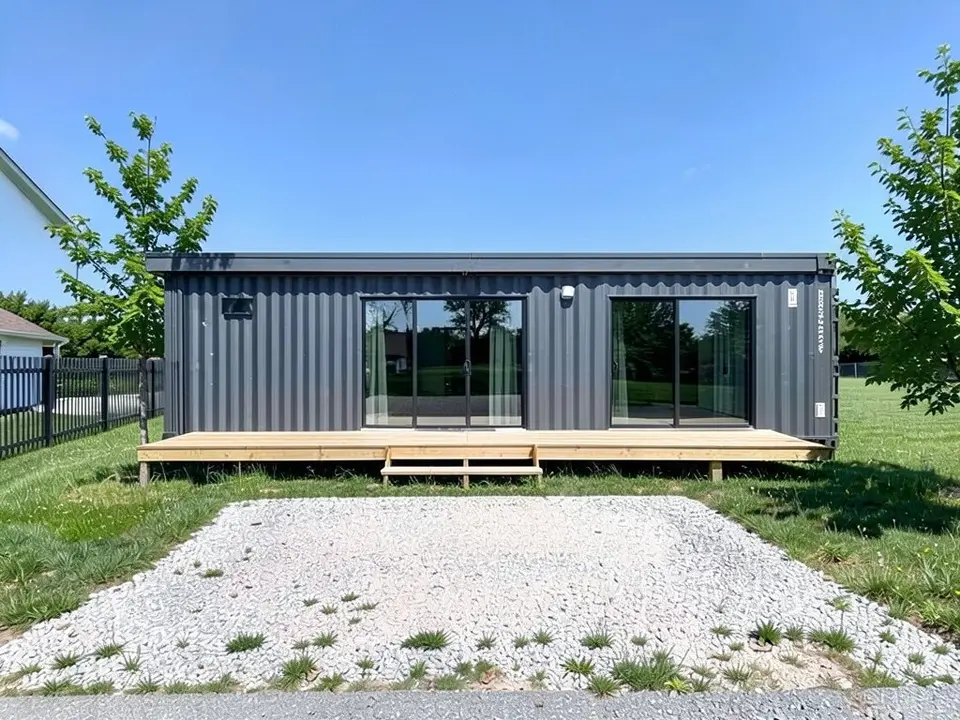 The same lot with a long low dark grey corrugated steel home with two large glass doors and a flat roof, standing behind a timber deck with low steps, with the gravel apron, the grass, the trees and the fence unchanged