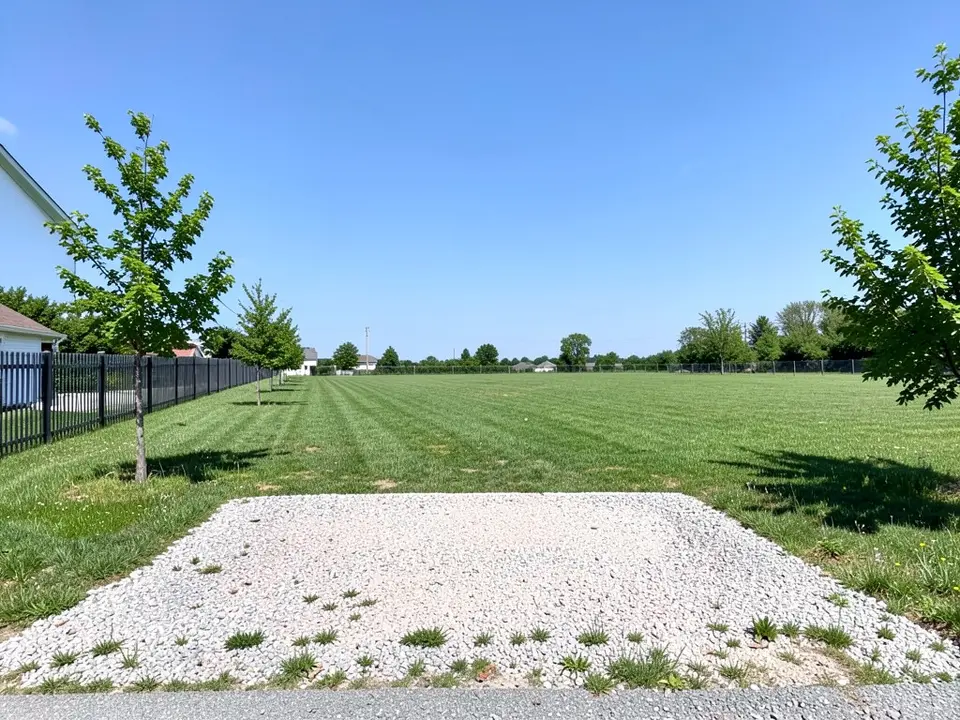 A flat mown grass lot with a gravel apron at the front, young trees on the left and right, a black metal fence on the left and a plain blue sky