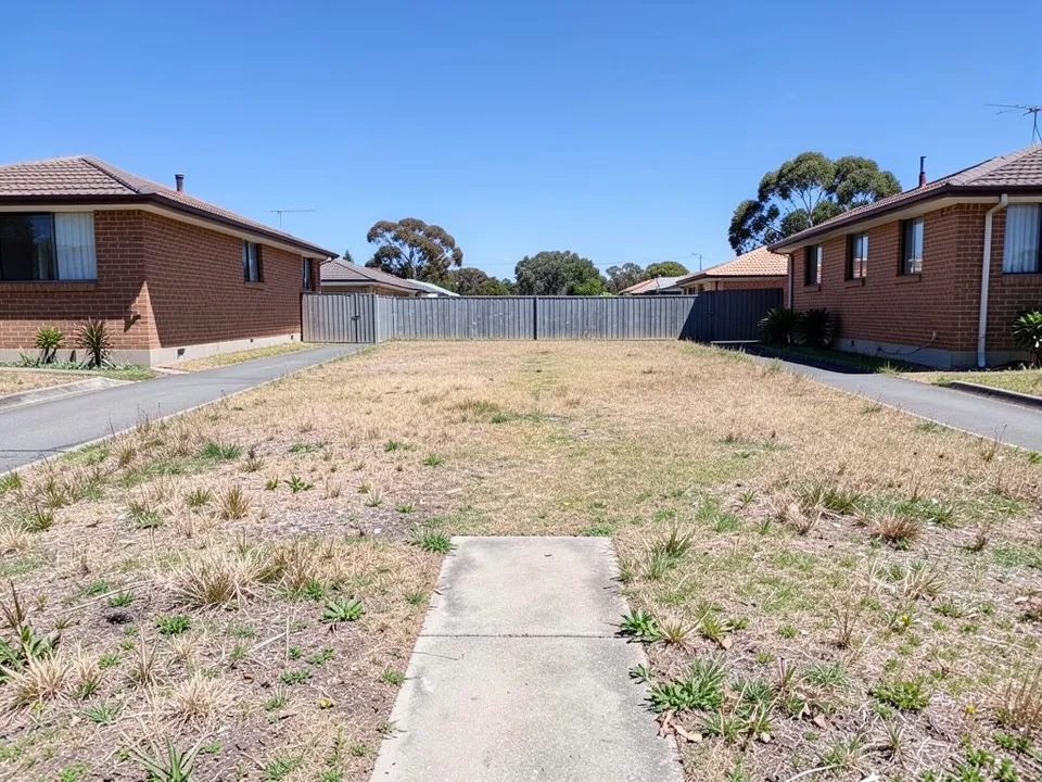 An empty flat block of dry grass with a concrete path, a grey fence at the back and red brick houses on both sides