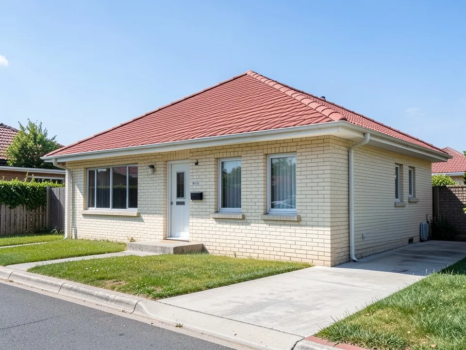 A plain single-storey cream brick house with a hipped roof in red concrete tiles, white windows, a front door, a concrete driveway and a lawn