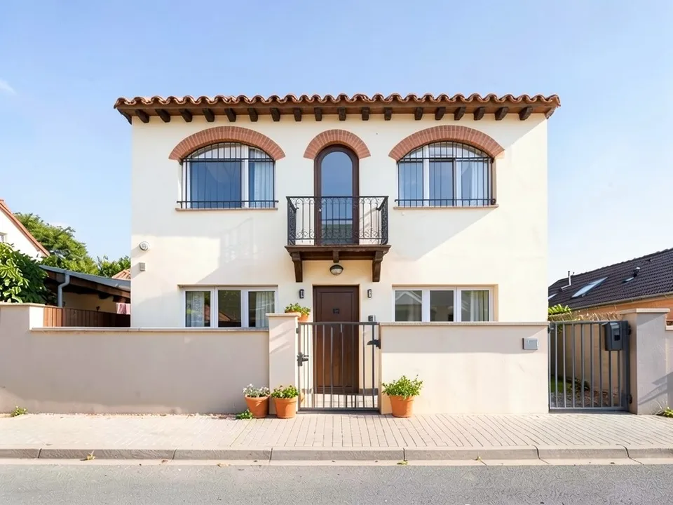 The same house with warm white stucco, a red clay tile roof edge with dark wood rafter ends, brick-red arches over the upper windows, iron grilles, an arched upper door to a small iron balcony, a dark wood front door and terracotta pots
