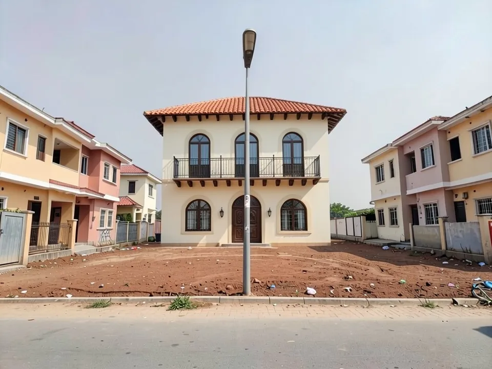 The same plot with a cream stucco two-storey Spanish house at the back, a red-orange clay tile hipped roof, arched windows, an arched carved dark wood door and a black wrought iron balcony on dark wood brackets; the neighbouring houses unchanged