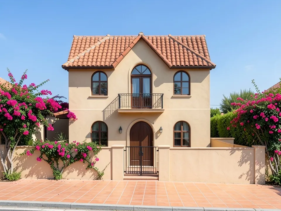 A photo-like render of the same house with sand-coloured stucco, terracotta tile roofs, a black iron balcony and gate, dark wood doors, a terracotta tile path, bougainvillea on the wall and a blue sky