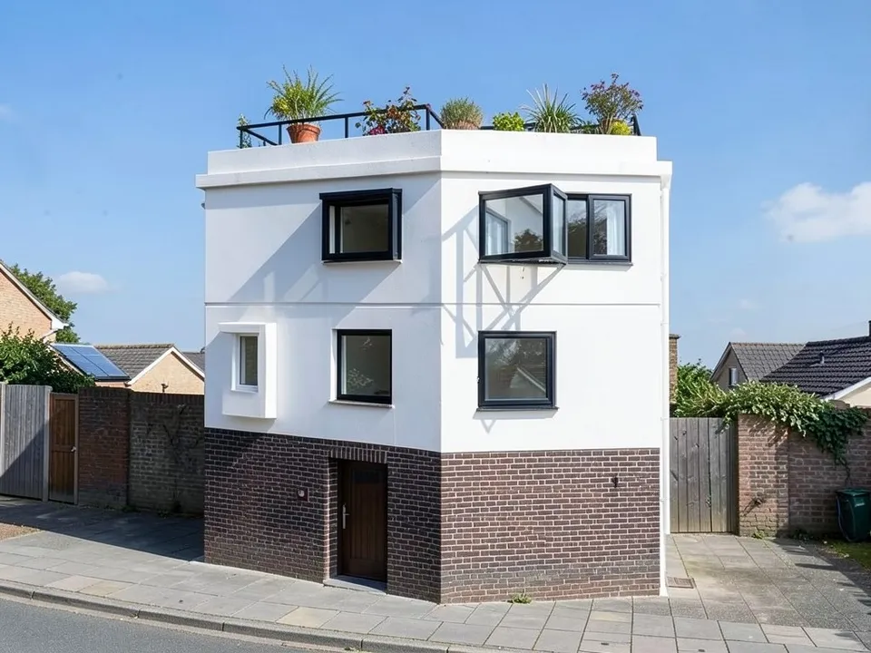 A photo-like render of the same house with dark brick on the ground floor, white render above, black-framed windows, a white projecting box window, a dark wood door, a roof terrace with a black railing and potted plants, a pavement and a blue sky