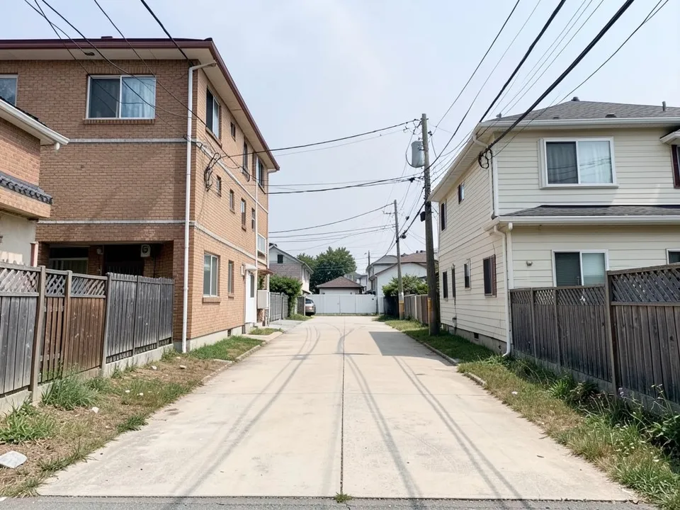 A narrow concrete plot between a three-storey brick building on the left and a two-storey sided house on the right, with fences, power lines and a white wall at the far end
