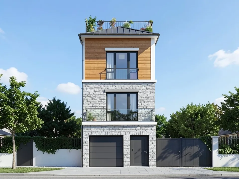 A photo-like render of the same three-storey house with light grey stone on the lower two floors, warm wood panels on the top floor, black windows, a glass balcony railing, a dark grey garage door and a rooftop railing with plants