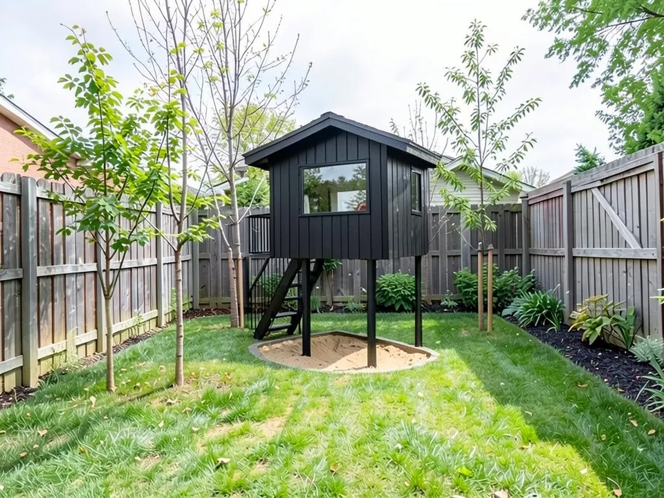 The same backyard with a small black-clad box room on four black steel posts, one large square window, a steep black stair with a railing and a sandpit beneath