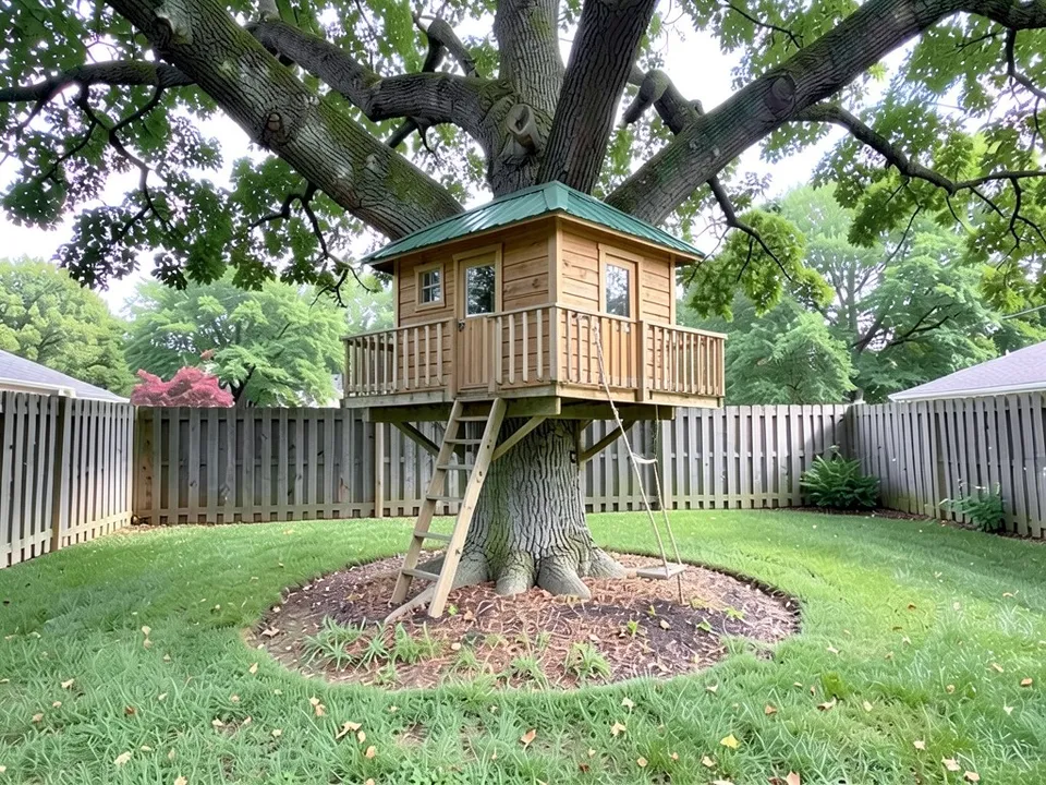 The same oak with a square wood platform against the trunk, a small natural wood cabin with a green metal pyramid roof, windows and a door, a wood railing, a wooden ladder to the lawn and a rope ladder