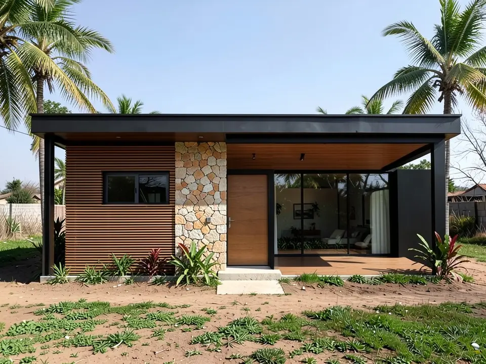 The same box shape as a modern tropical house with a deep flat roof on a slim black frame, a stone feature wall, timber slats, a glass opening onto a shaded terrace and palm trees