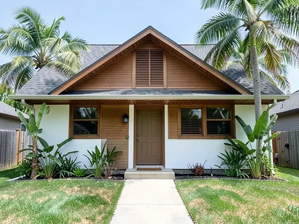 The same house with white walls, a timber-clad gable, a covered timber veranda along the front, louvred screens at the windows, palm trees and banana plants