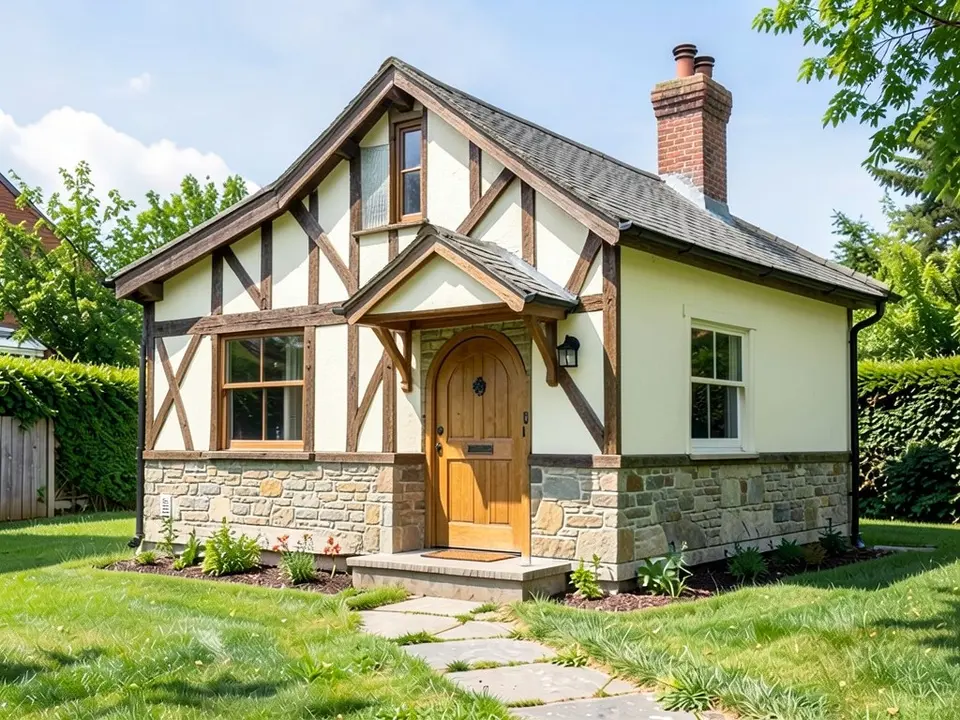 The same cottage with a steep half-timbered front gable over cream stucco, a stone base, an arched wooden door under a small gabled hood with timber brackets, a larger timber-framed window on the left and a tall brick chimney with two chimney pots