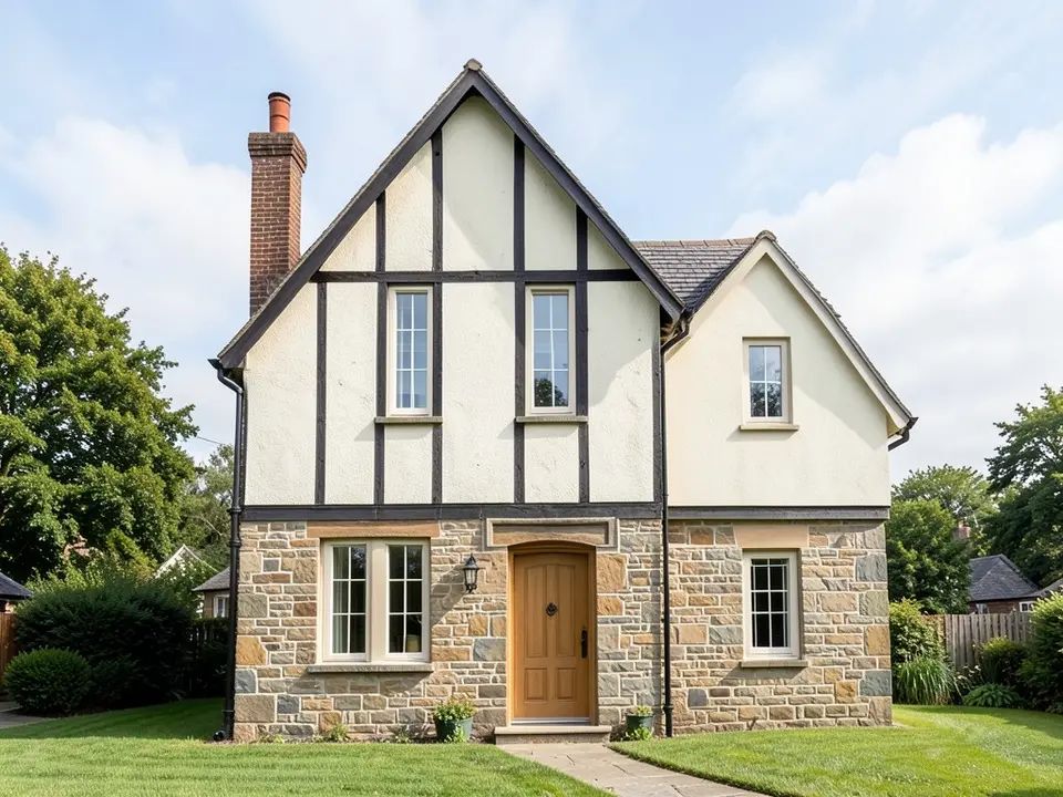 A photo-like render of the same house with a stone ground floor, cream stucco and dark half-timbering in the two steep gables, tall narrow windows, an arched wooden door and a brick chimney with a chimney pot on the left, with a lawn and trees