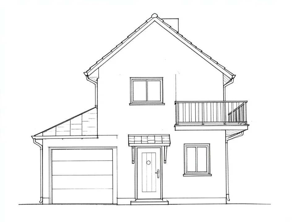 A black pencil line sketch on white paper of a two-storey house with a gable roof, an upper balcony on the right, a front door with a small canopy and a garage door on the left