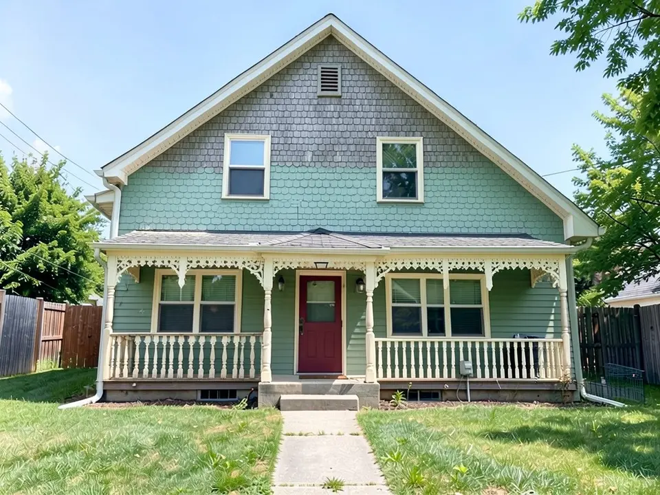 The same house with sage green walls with fish-scale shingles on the upper floor, a grey fish-scale gable, a burgundy front door and a full-width front porch with turned posts, a cream spindle railing and lacy white trim under the porch roof