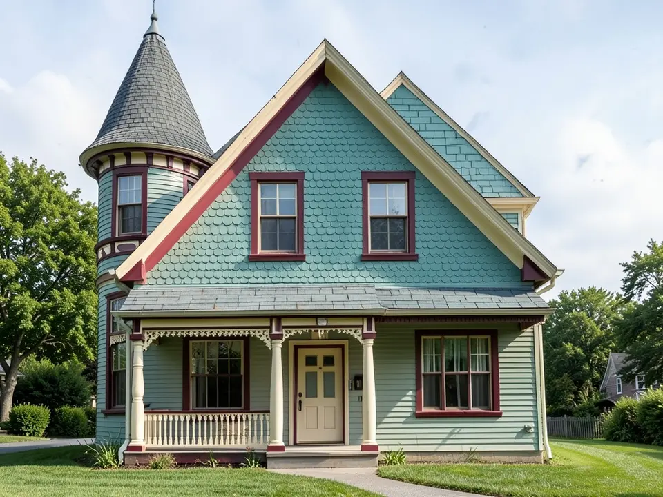 A photo-like render of the same house in teal with a round corner tower on the left with a grey conical roof, fish-scale shingles in the gable and the side wing, burgundy window frames, a cream front door and a front porch with turned posts and lacy trim, with a lawn, trees and a neighbouring house behind