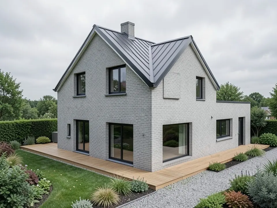 Photorealistic render of the same villa with a dark standing seam metal roof, grey brick walls, black windows, timber deck and planted garden