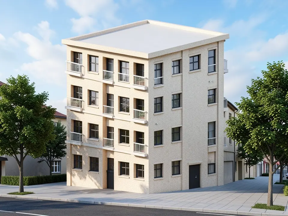 Photo-like image of the same apartment building in pale cream brick with dark window frames, white balcony railings, a pavement and street trees in front and a blue sky with clouds