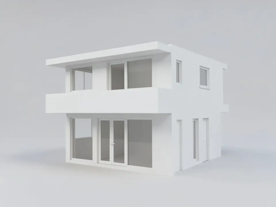 Plain untextured white clay 3D model view of a two-storey modern house with a flat roof, a cantilevered upper floor with a deep balcony band, large ground-floor glazing and a small window and narrow doors on the side wall, on a plain light grey ground