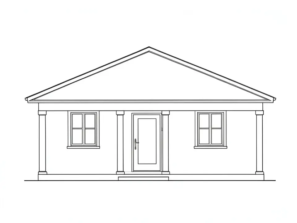 Black line drawing of the front elevation of a single-storey house with a low pitched roof, a covered porch with four slim columns, a panelled front door in the middle and two four-pane windows