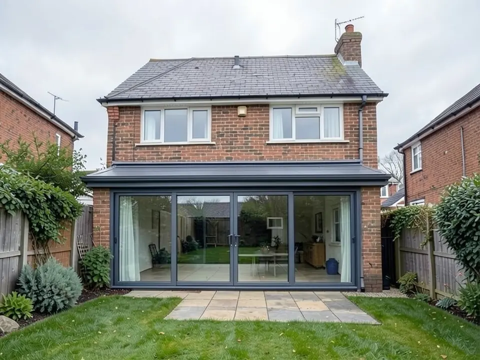 The same house with a wide ground-floor glass extension: four floor-to-ceiling sliding glass panels in thin dark grey frames under a flat roof with a slim dark grey edge, brick only at the two corners, the same upstairs windows, patio and lawn
