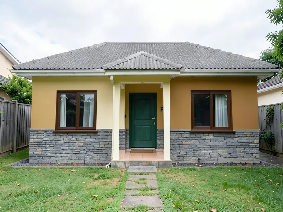 The same bungalow with grey stone cladding on the lower half of the walls, ochre yellow upper walls, brown-bronze window frames and a dark green front door under the same roof and porch
