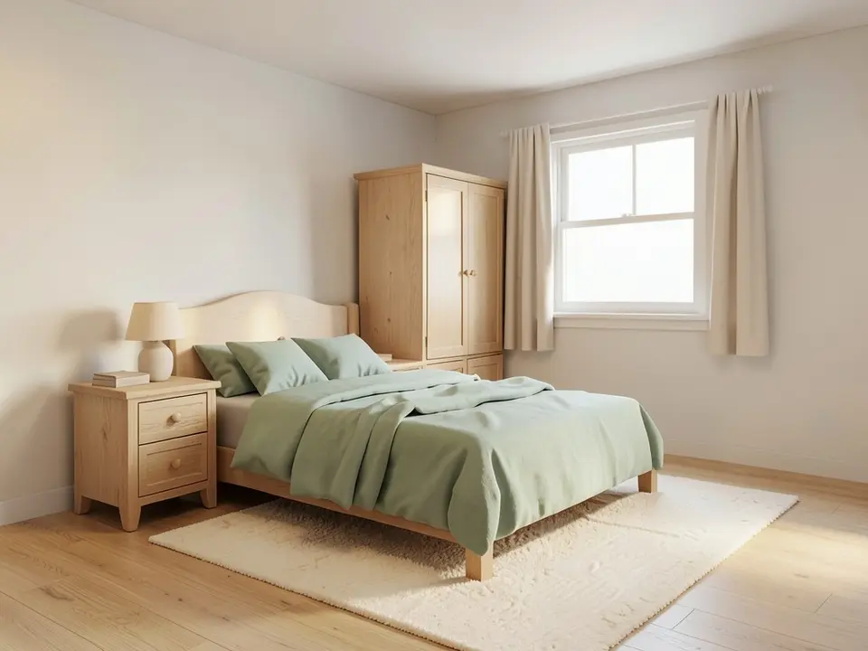 Photo-like image of the same bedroom with a sage green duvet and cushions, pale oak bed frame, bedside table and wardrobe, beige curtains, a cream wool rug, warm white walls and a light oak floor in soft daylight