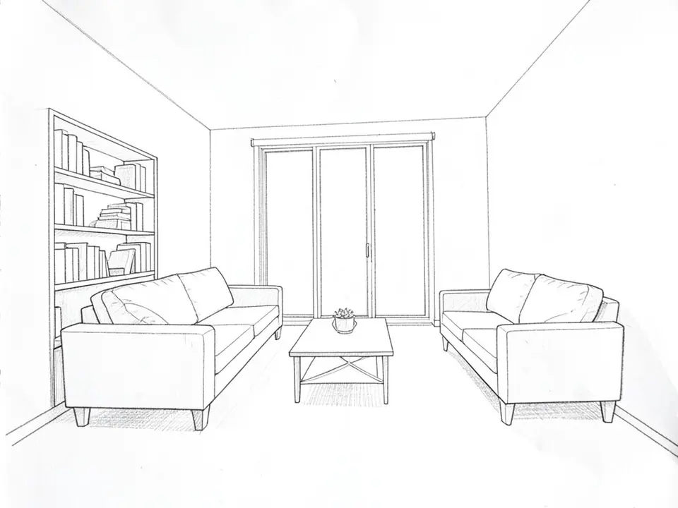 Pencil line sketch in one-point perspective of a living room with a bookcase on the left wall, a three-panel glass door on the back wall, two sofas facing each other and a coffee table with crossed legs and a small plant between them