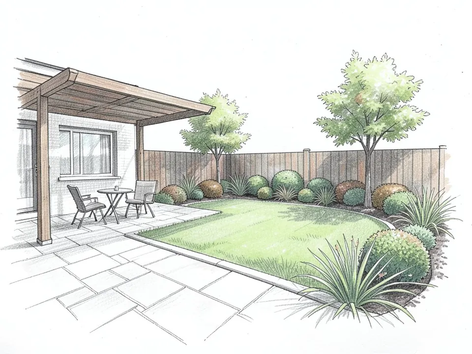 Pencil and coloured marker sketch of a back garden: a timber pergola over a stone terrace with two chairs and a small round table beside the house window and glass door, a lawn with a curved edge, a border of rounded shrubs and spiky plants along a timber fence, and two small trees