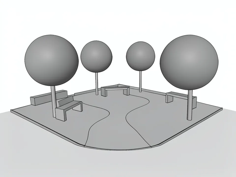 Untextured grey 3D model view from a raised angle: a slab with a raised edge and two curved lines across it, four trees drawn as grey spheres on thin poles and four plain block benches, on a plain grey ground under a white sky