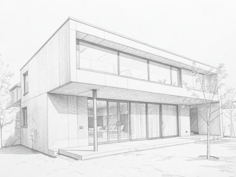 Soft graphite pencil sketch of the same modern house from the same three-quarter view: the cantilevered upper box with its glass band, the single column, the terrace, the glass sliding doors with curtains and a sofa inside, the side windows, the young tree in its round bed and the neighbouring house, with smooth shaded walls on plain white paper