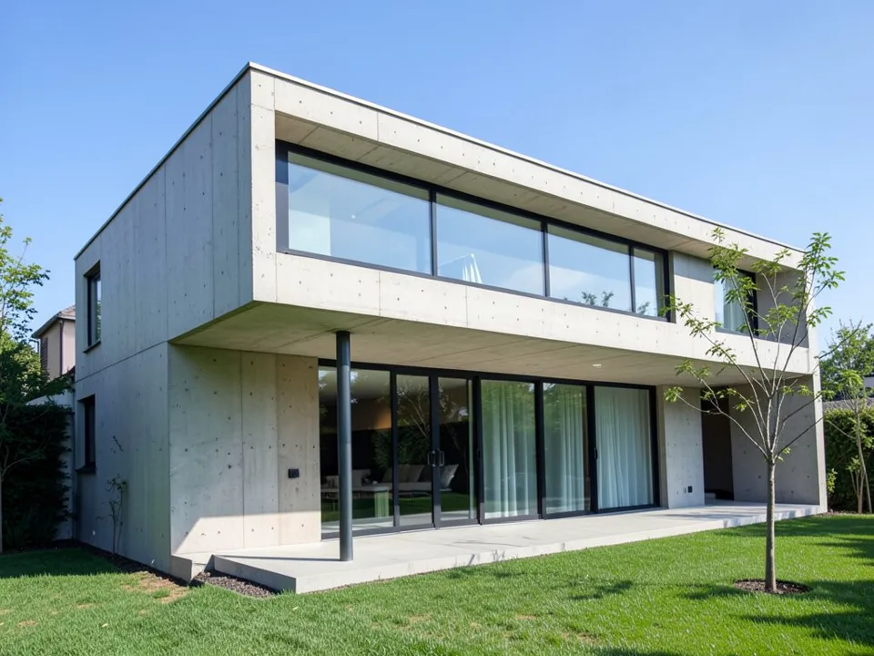 Three-quarter photo of a modern two-storey house in smooth cast concrete with tie holes: a long upper box with a band of glass cantilevers over a terrace on one dark column, glass sliding doors with white curtains below, a young tree on the lawn, a hedge and a neighbouring house on the left, under a blue sky