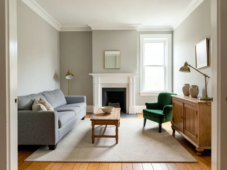 Photo through a doorway into a living room: a grey sofa with beige cushions, a wooden coffee table with a bowl, a white fireplace with an unlit grate under a small mirror, a sash window, a green velvet armchair, an oak sideboard with two vases and a brass lamp, a brass floor lamp, an empty frame on the wall and a cream rug on wooden floorboards