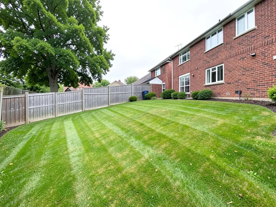 A curved, striped green lawn along a grey wooden fence with a large leafy tree on the left and the side of a red brick two-storey house on the right