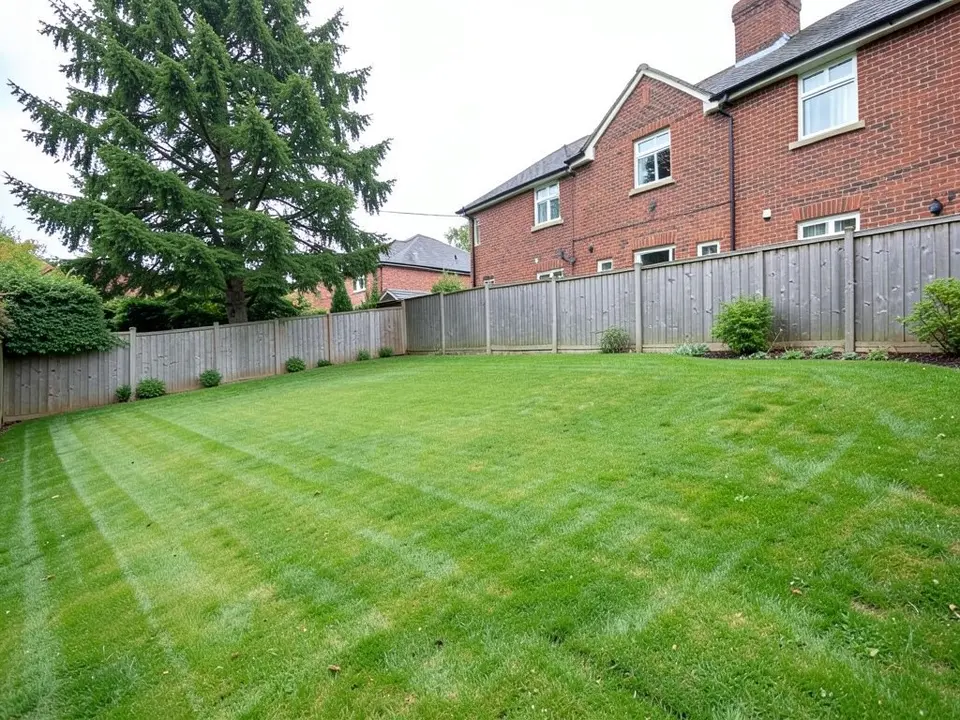 A sloping lawn in front of a grey board fence, with a tall dark conifer on the left and the rear of a red brick two-storey house with white windows behind the fence