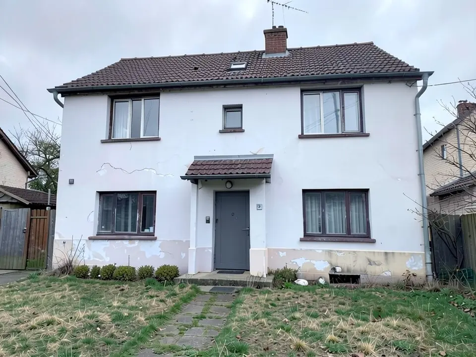The same house with cool white walls, a dark grey front door and a row of small shrubs along the base, but mostly the same brown window frames, cracked patches at the base and the same patchy lawn