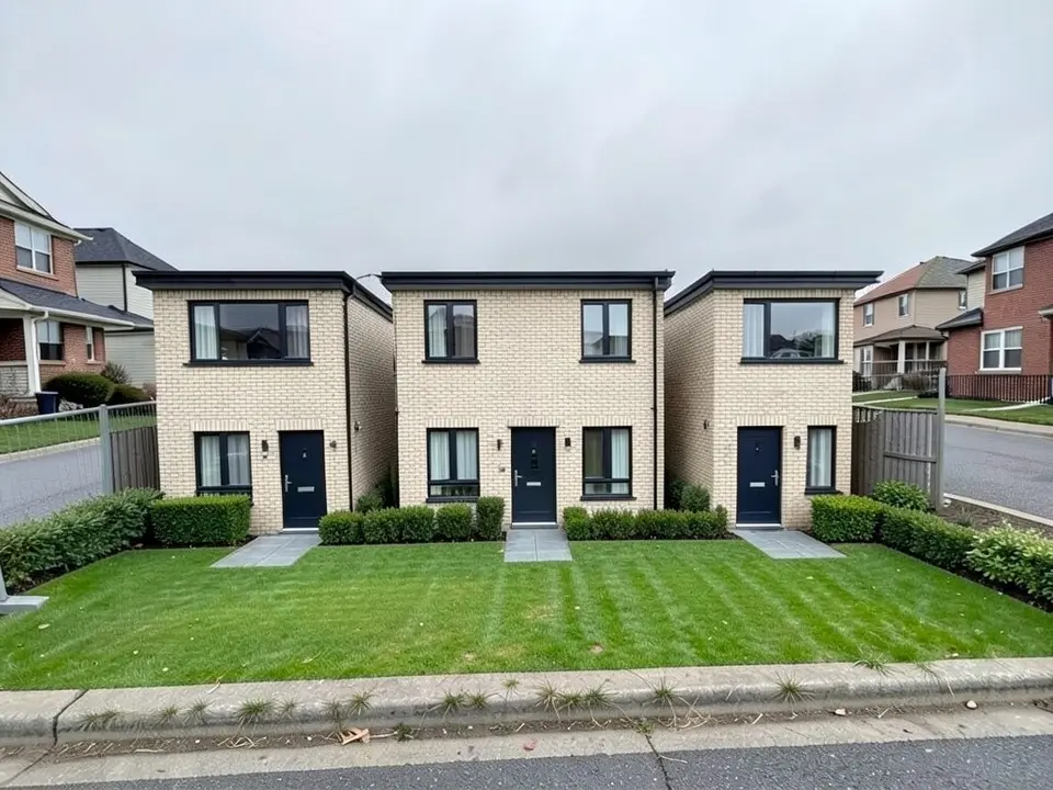 The same street view with three two-storey light brick houses with flat roofs, dark windows and doors standing across the plot, and a lawn, hedges and paved paths in front of them