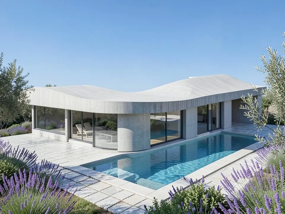 Photorealistic render of the same curved villa in pale concrete with glass walls, a swimming pool, stone paving, lavender and olive trees under a blue sky