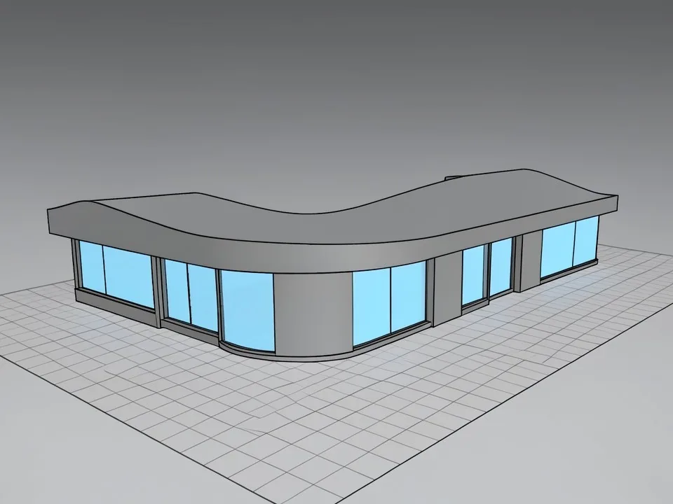 Rhino-style Shaded viewport of a single-storey villa massing with a long curved roof slab, curved walls and light blue glass planes on a grid ground plane