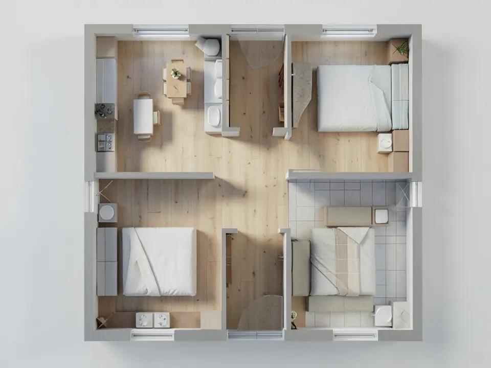 Top-down 3D render of the same floor plan with oak floors, furnished bedrooms, kitchen and tiled bathroom