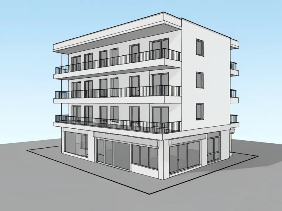 Untextured SketchUp-style 3D model of a four-storey corner apartment building with balconies and ground floor shop fronts