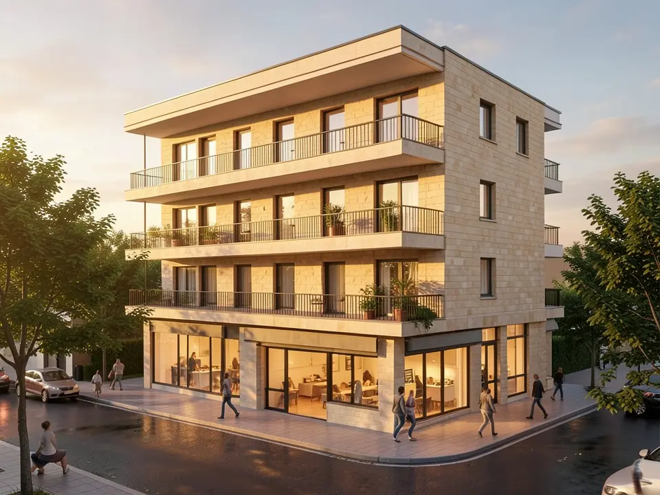Photorealistic render of the same apartment building with a beige stone facade, black balcony railings, lit shops, street trees and pedestrians at golden hour
