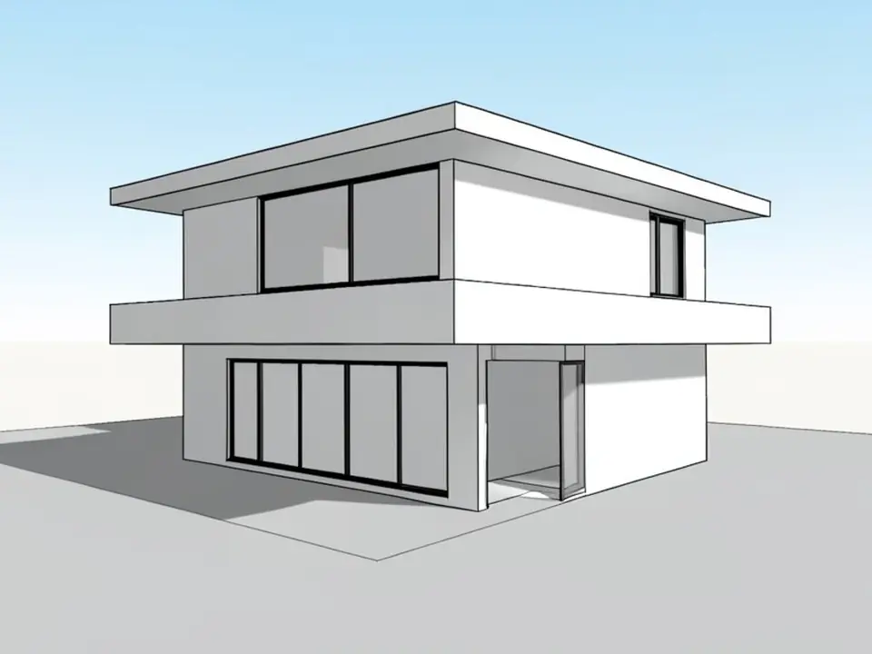 Untextured SketchUp-style 3D model of a modern two-storey house with a flat roof, cantilevered upper floor and white faces with black edges
